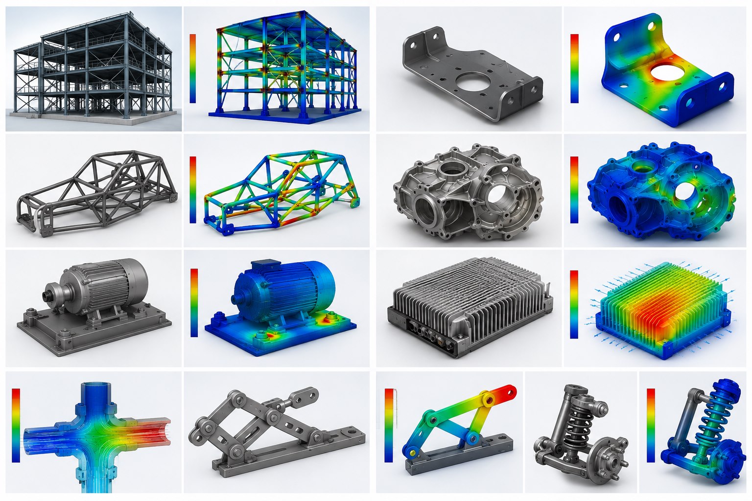 Engineering analysis — FEA and structural simulation across frames, brackets, gearboxes, motors and mechanisms