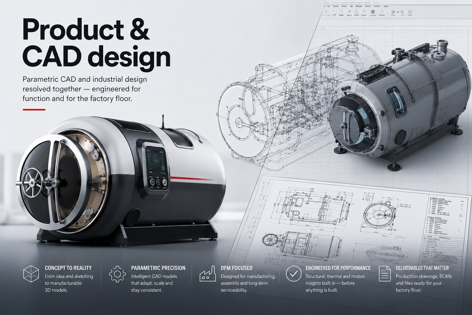 Product and CAD design — parametric CAD, industrial design and production-ready drawings