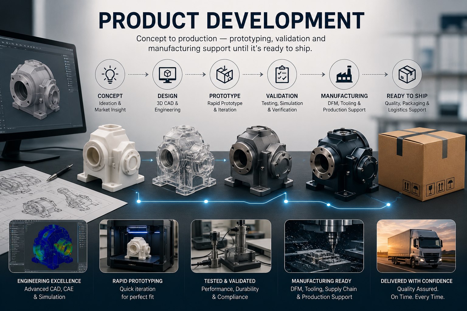 Product development — concept to production: prototyping, validation and manufacturing support